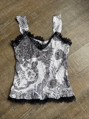 Cache Black White Floral Lace Trim Camisole Tank Top S